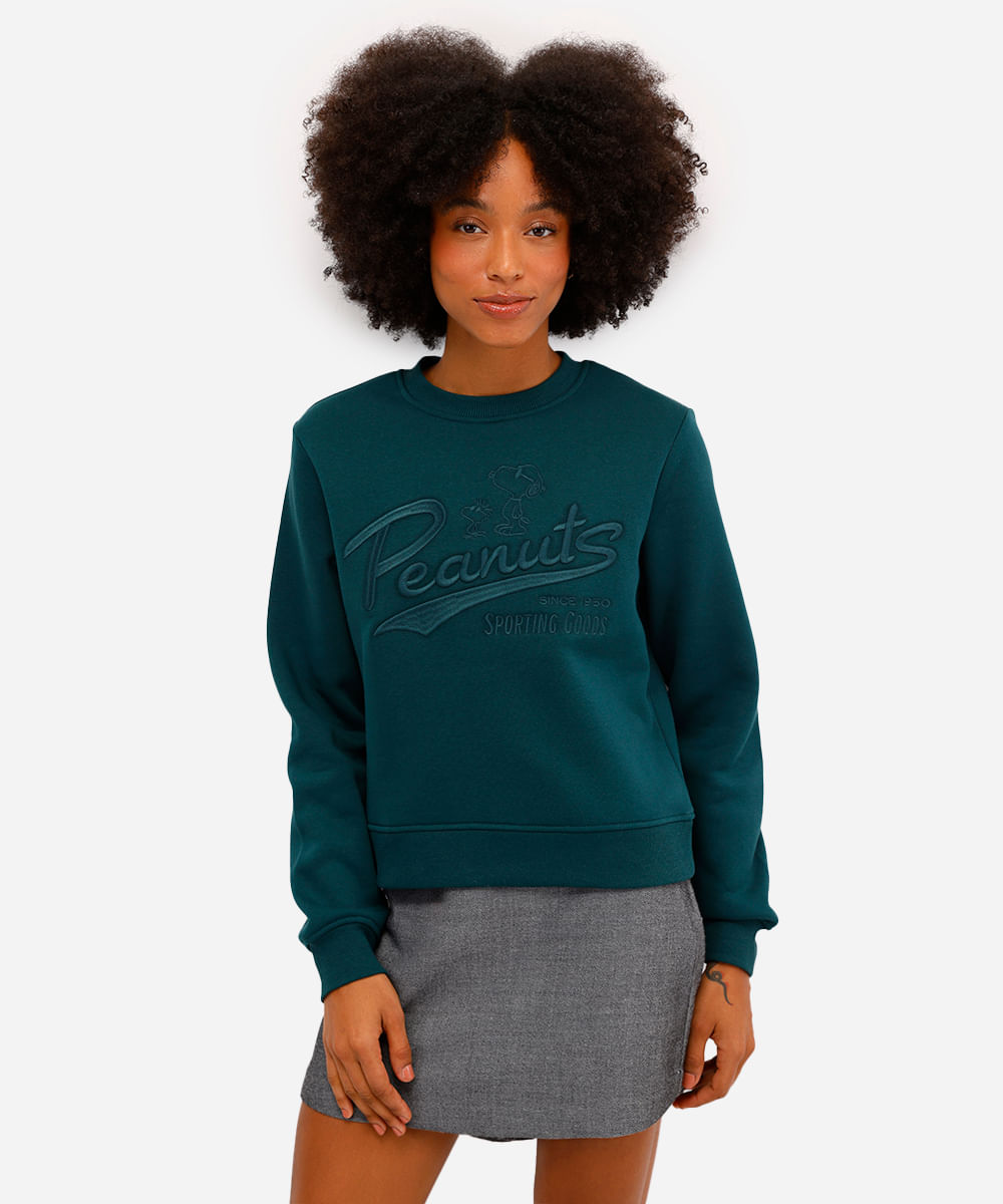 blusão feminino de moletom felpado com bordado snoopy verde