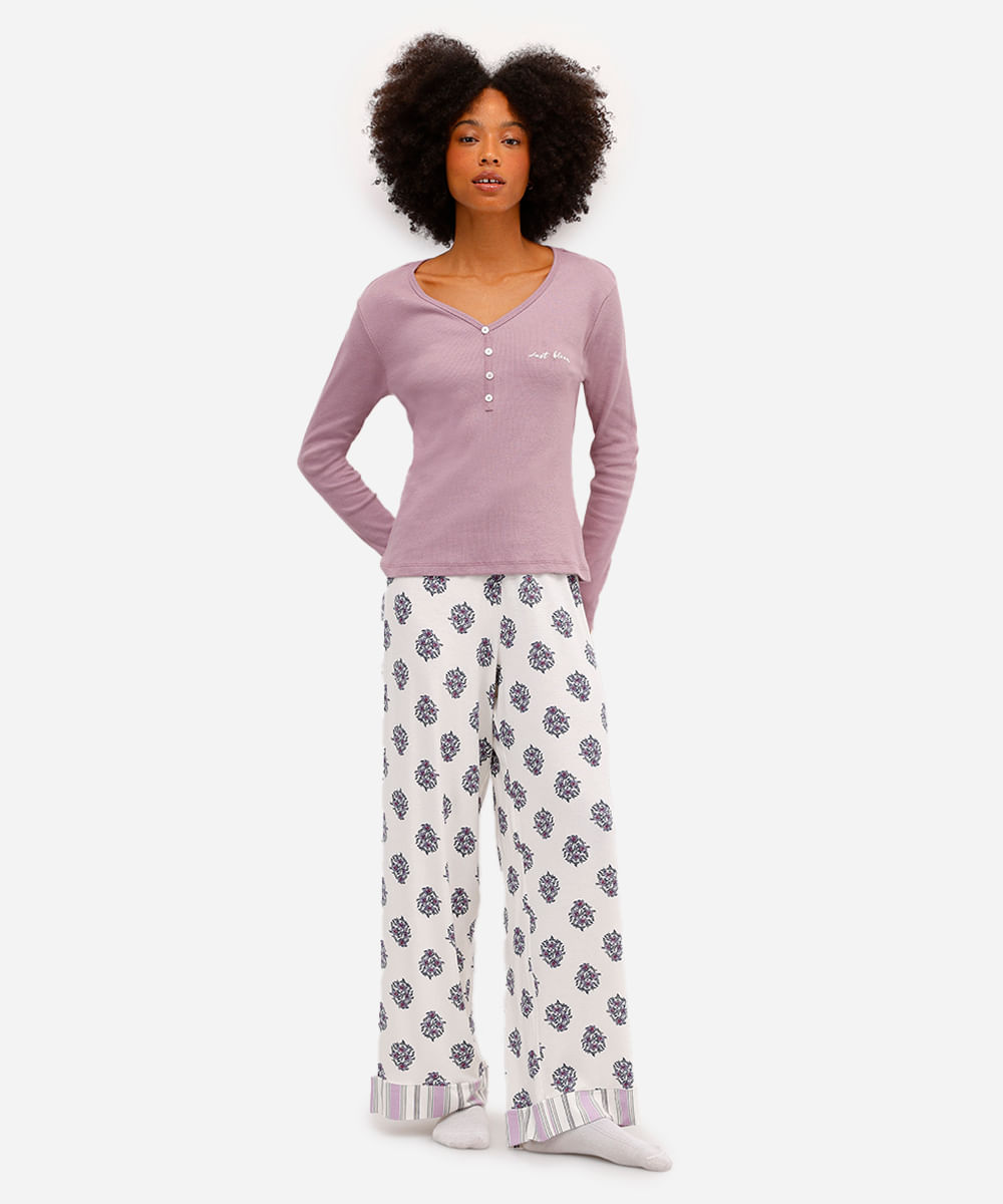 pijama longo feminino floral off white