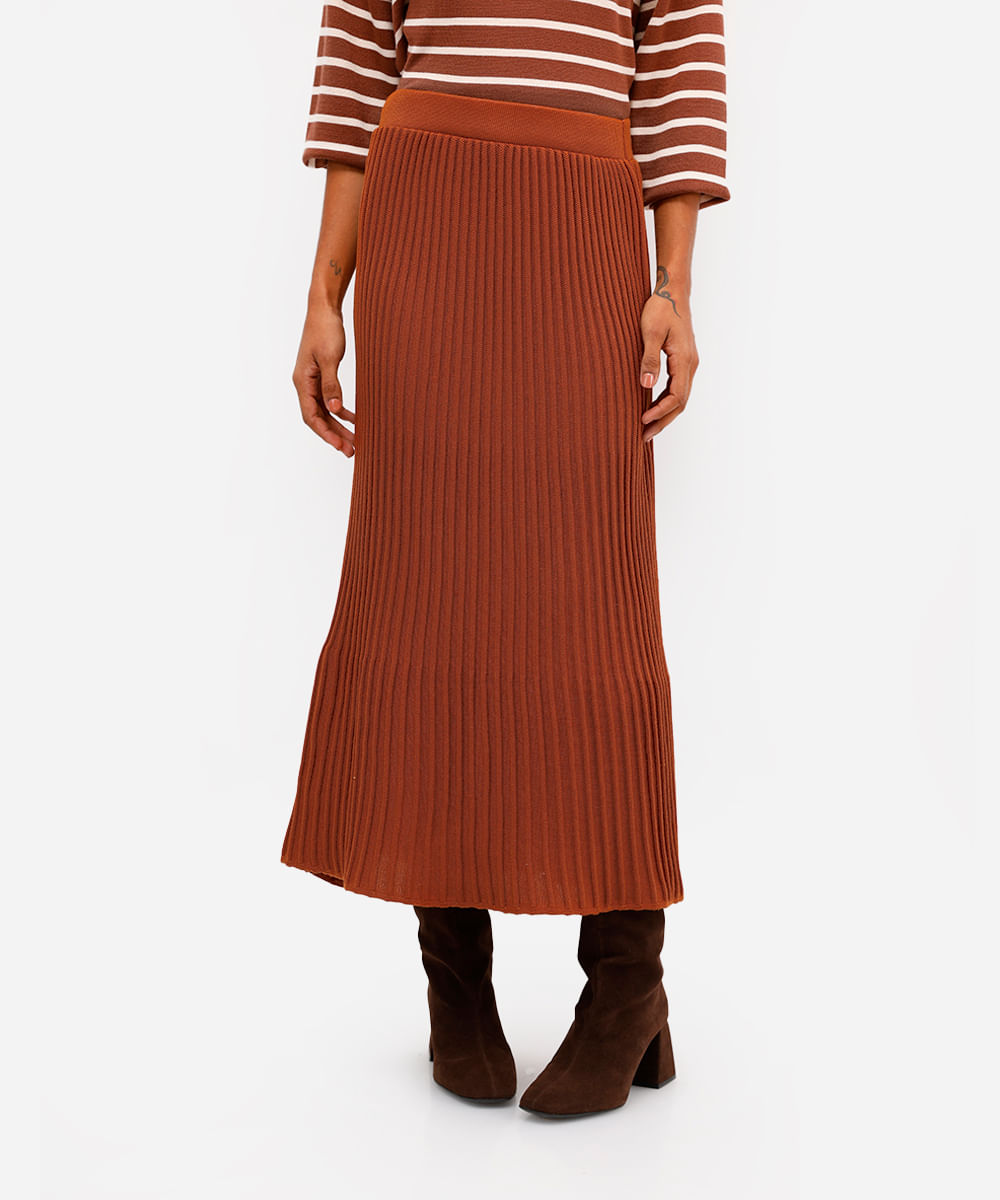 saia midi feminina de tricot canelada laranja
