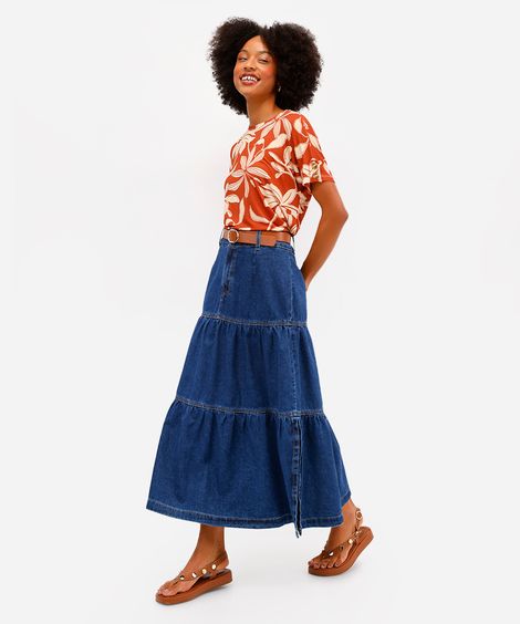 saia midi feminina jeans com recortes azul