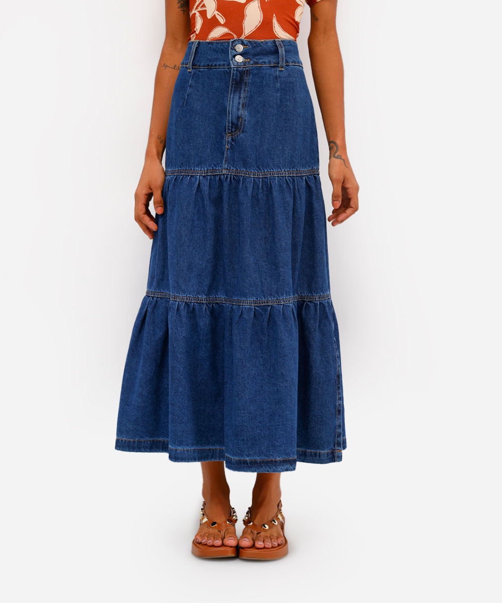 saia midi feminina jeans com recortes azul