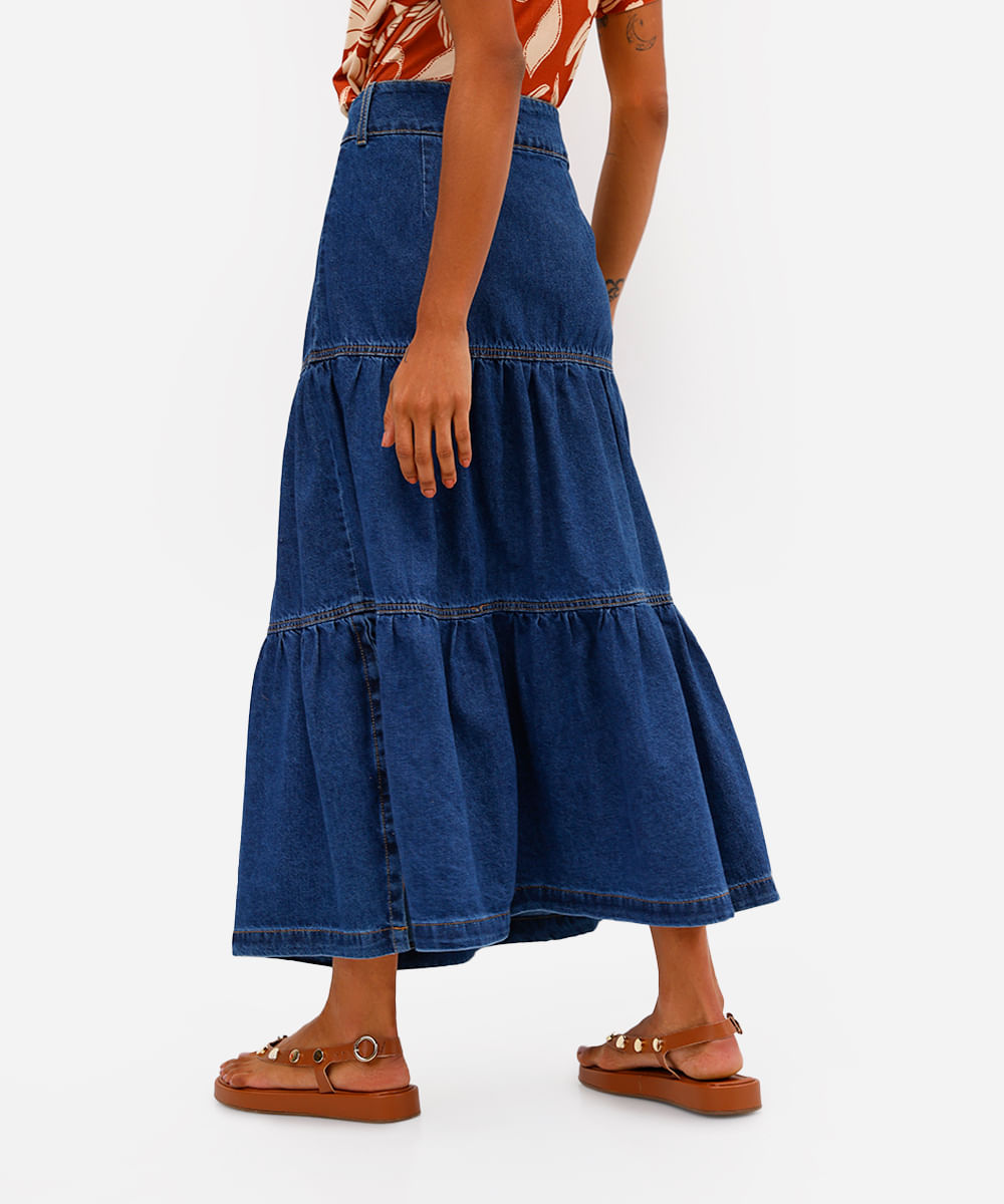 saia midi feminina jeans com recortes azul