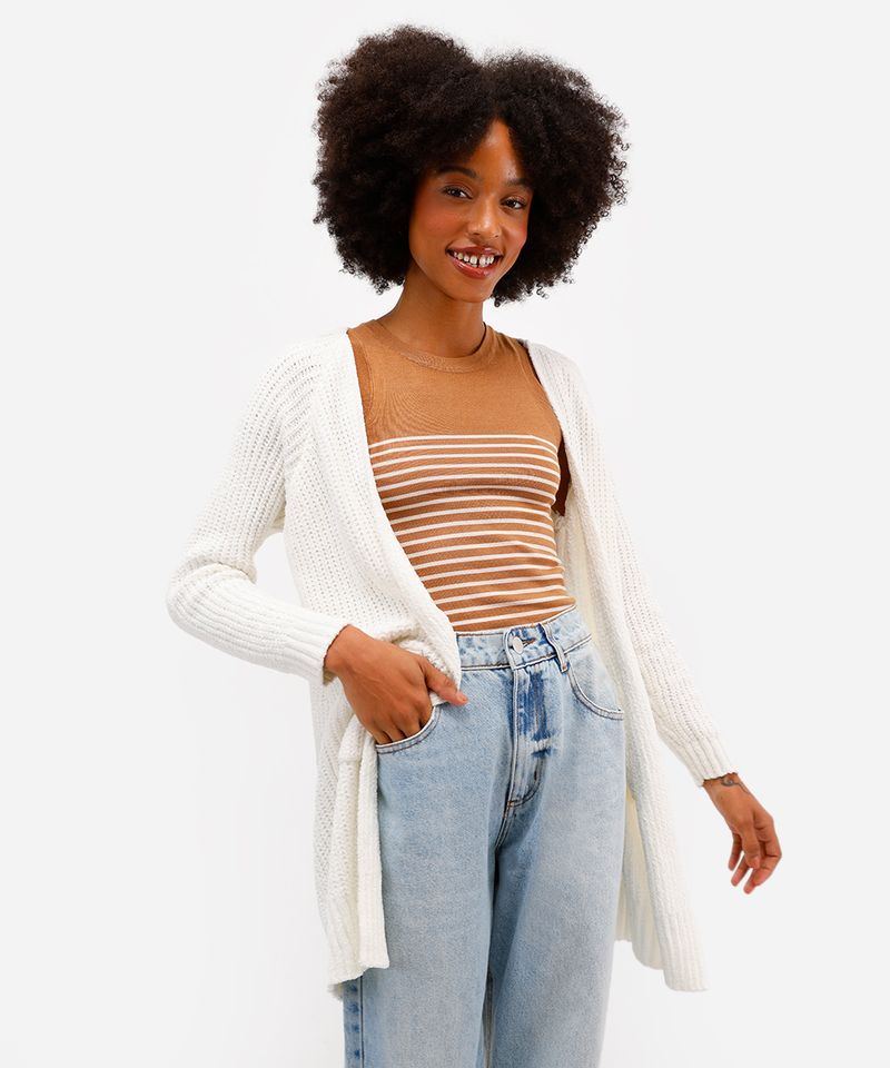 cardigan feminino de tricot chenille alongado - off white