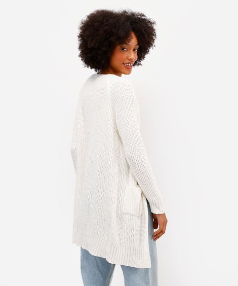 cardigan feminino de tricot chenille alongado - off white