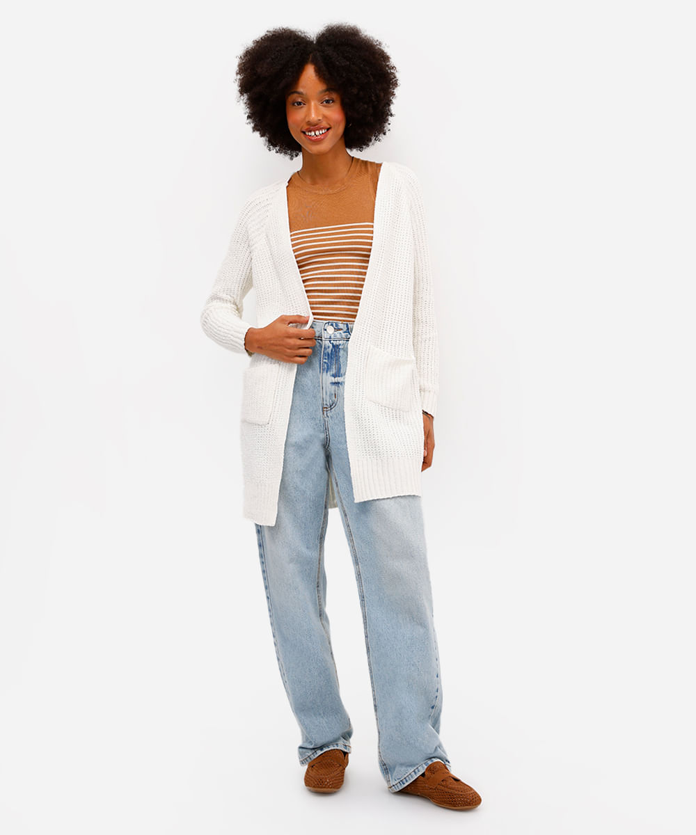 cardigan feminino de tricot chenille alongado - off white