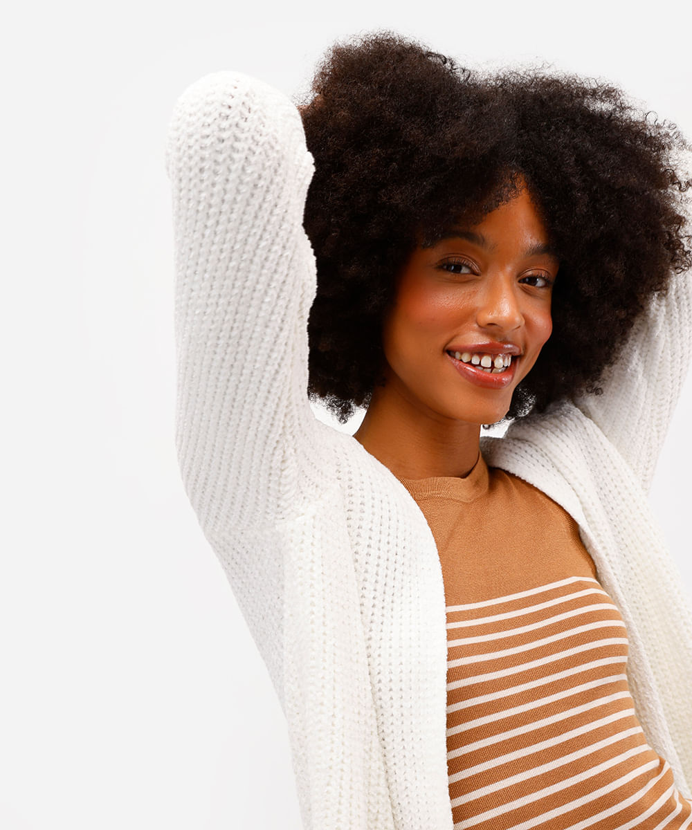 cardigan feminino de tricot chenille alongado - off white