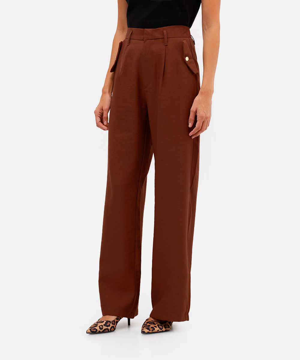 calça wide leg feminina com viscose marrom