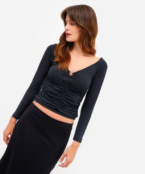 blusa feminina manga longa decote v franzida preta