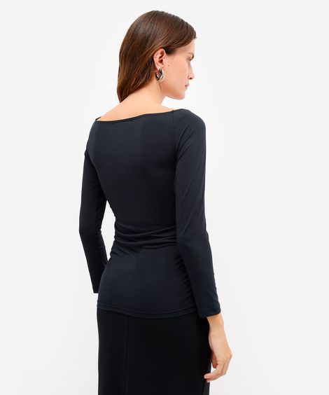 blusa feminina manga longa decote v franzida preta