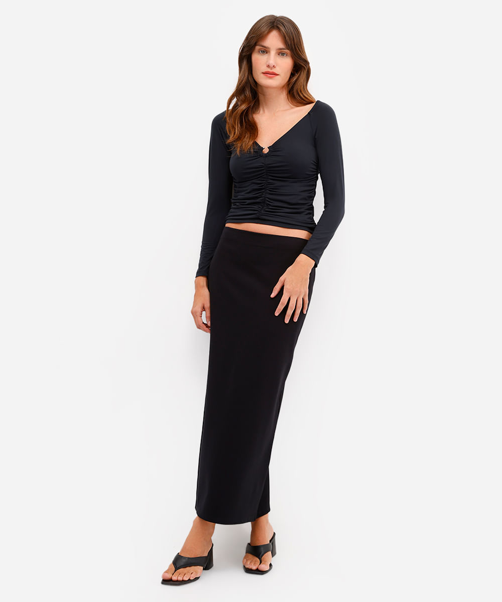 blusa feminina manga longa decote v franzida preta