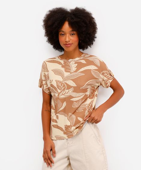 blusa feminina de viscose manga curta folhagem bege