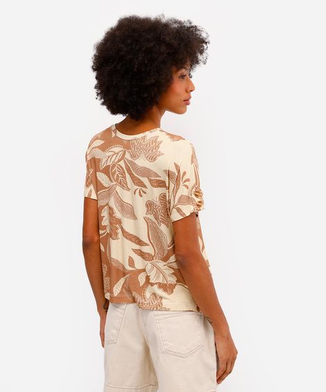 blusa feminina de viscose manga curta folhagem bege