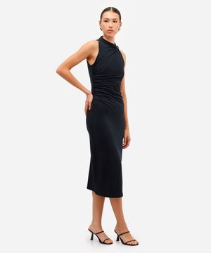 vestido midi feminino franzido com fenda preto