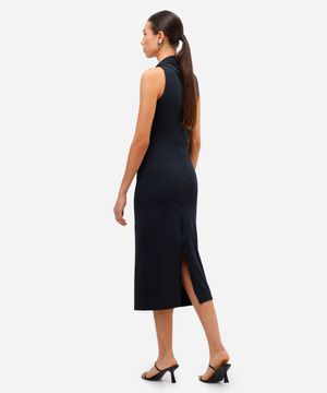 vestido midi feminino franzido com fenda preto