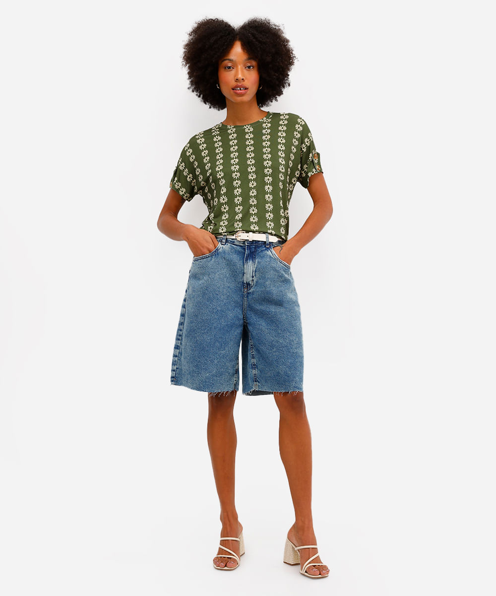 blusa feminina de viscose manga curta estampada verde