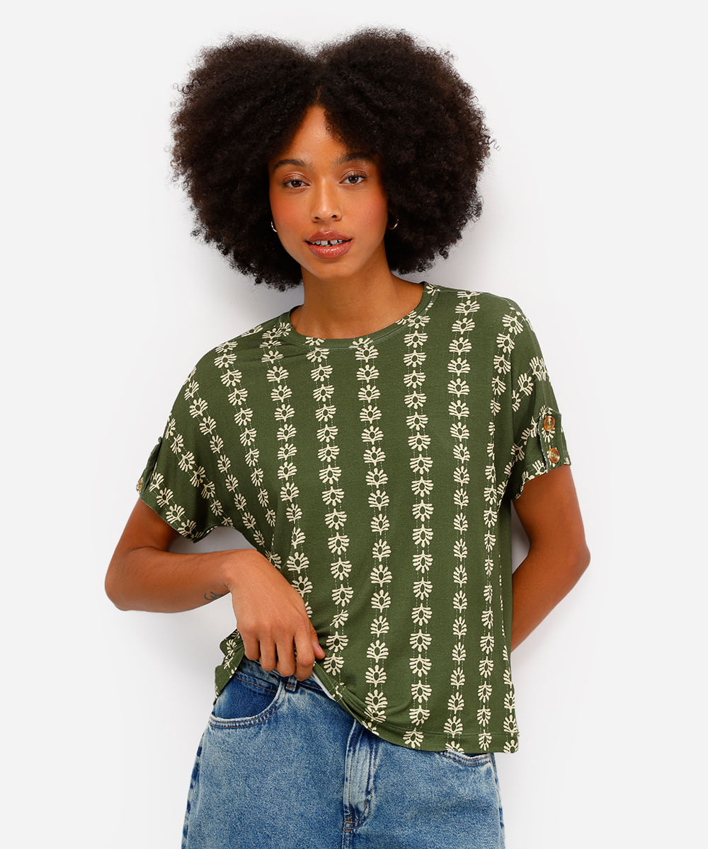 blusa feminina de viscose manga curta estampada verde