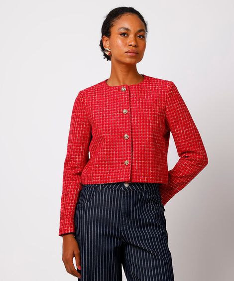 casaco feminino de tweed xadrez mindset vermelho