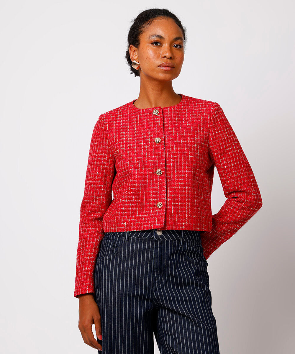 casaco feminino de tweed xadrez mindset vermelho