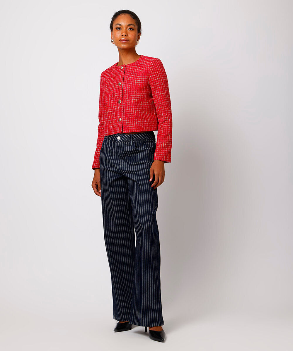 casaco feminino de tweed xadrez mindset vermelho