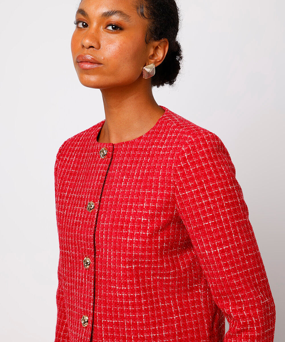 casaco feminino de tweed xadrez mindset vermelho