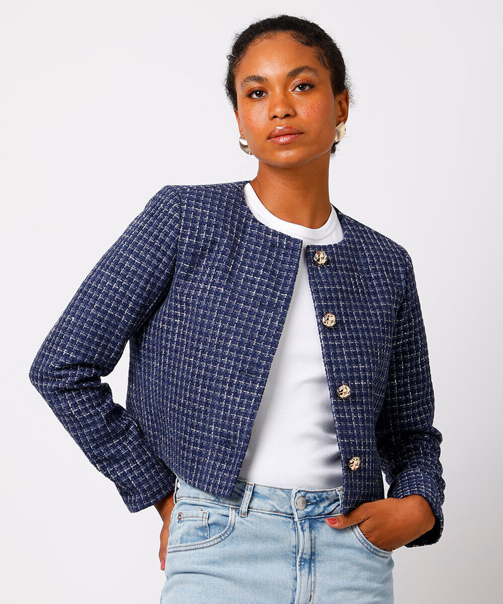 casaco feminino de tweed xadrez mindset azul