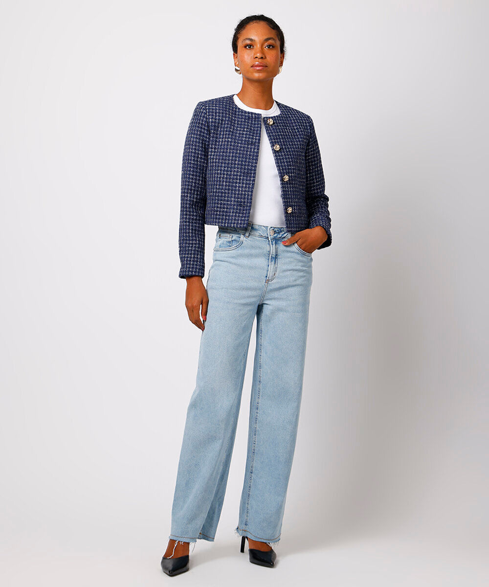 casaco feminino de tweed xadrez mindset azul