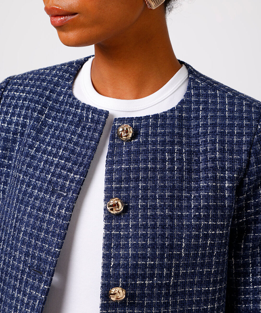 casaco feminino de tweed xadrez mindset azul