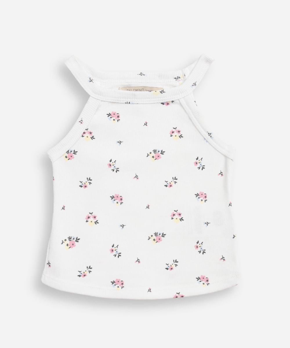 regata de algodão infantil decote halterneck floral off white