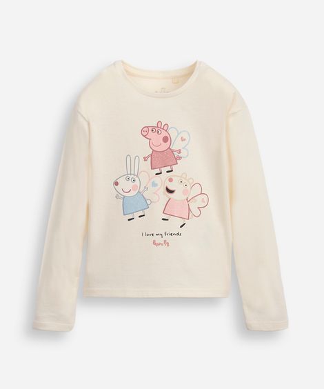 blusa de algodão infantil manga longa peppa pig e amigos bege