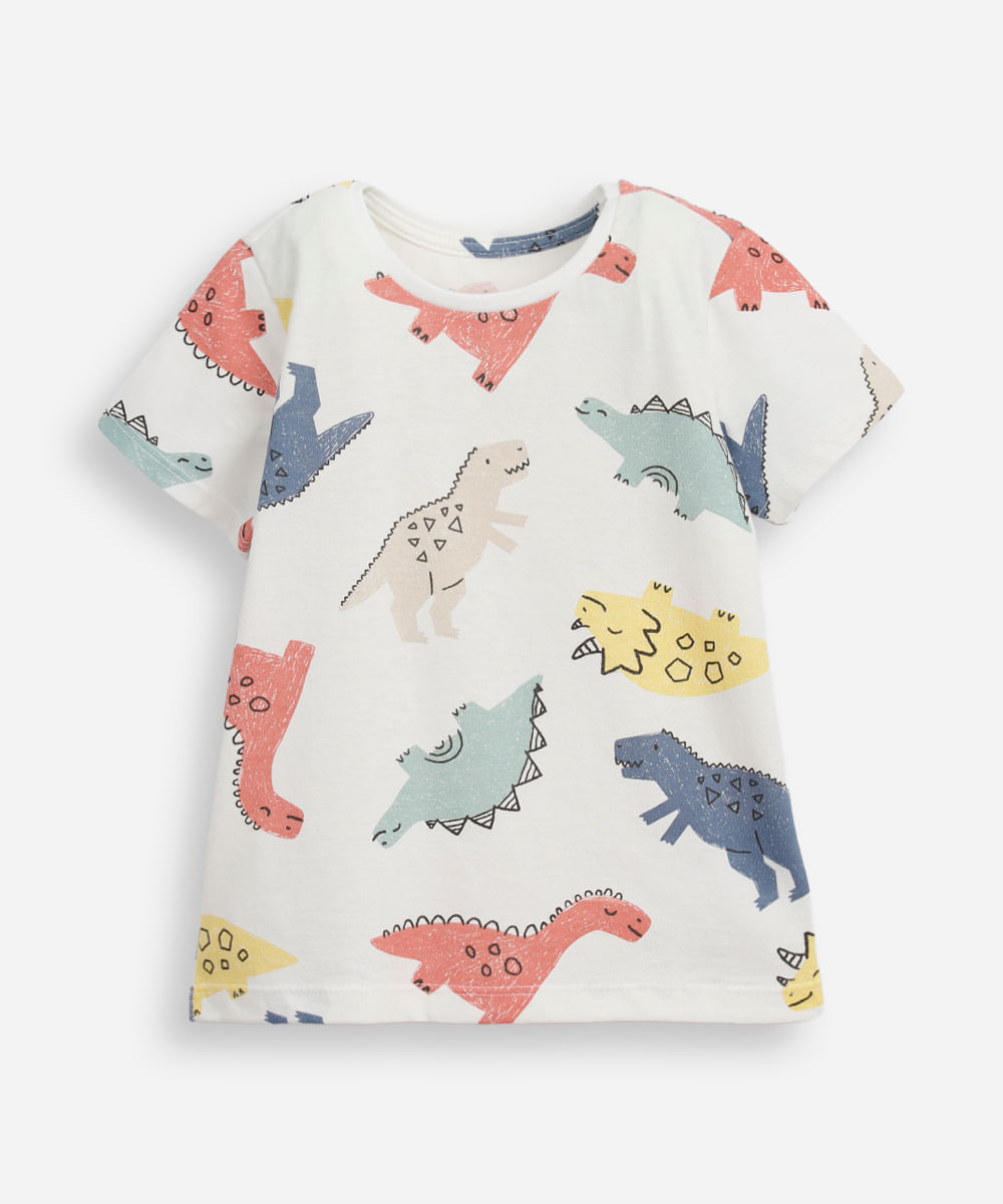 camiseta de algodão infantil manga curta dinossauro off white