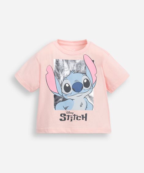 camiseta de algodão infantil manga curta stitch rosa
