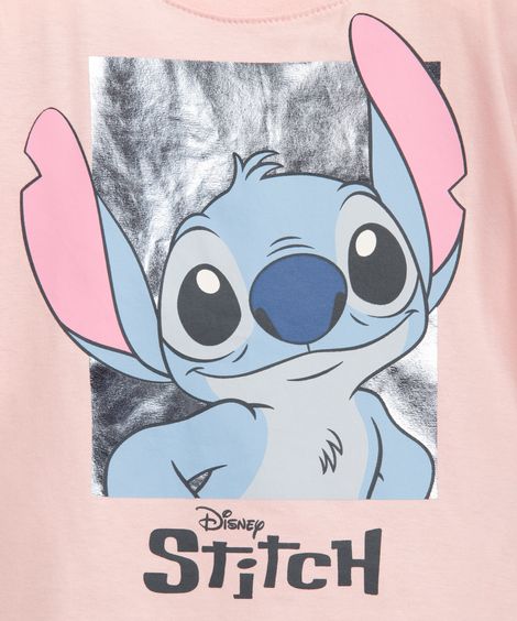 camiseta de algodão infantil manga curta stitch rosa