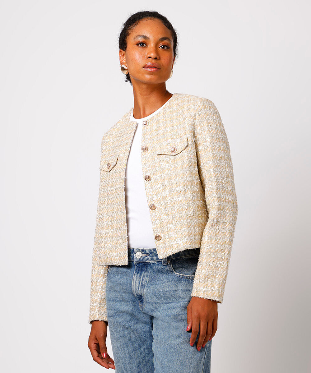 casaco feminino de tweed com paetê pied de poule mindset dourado