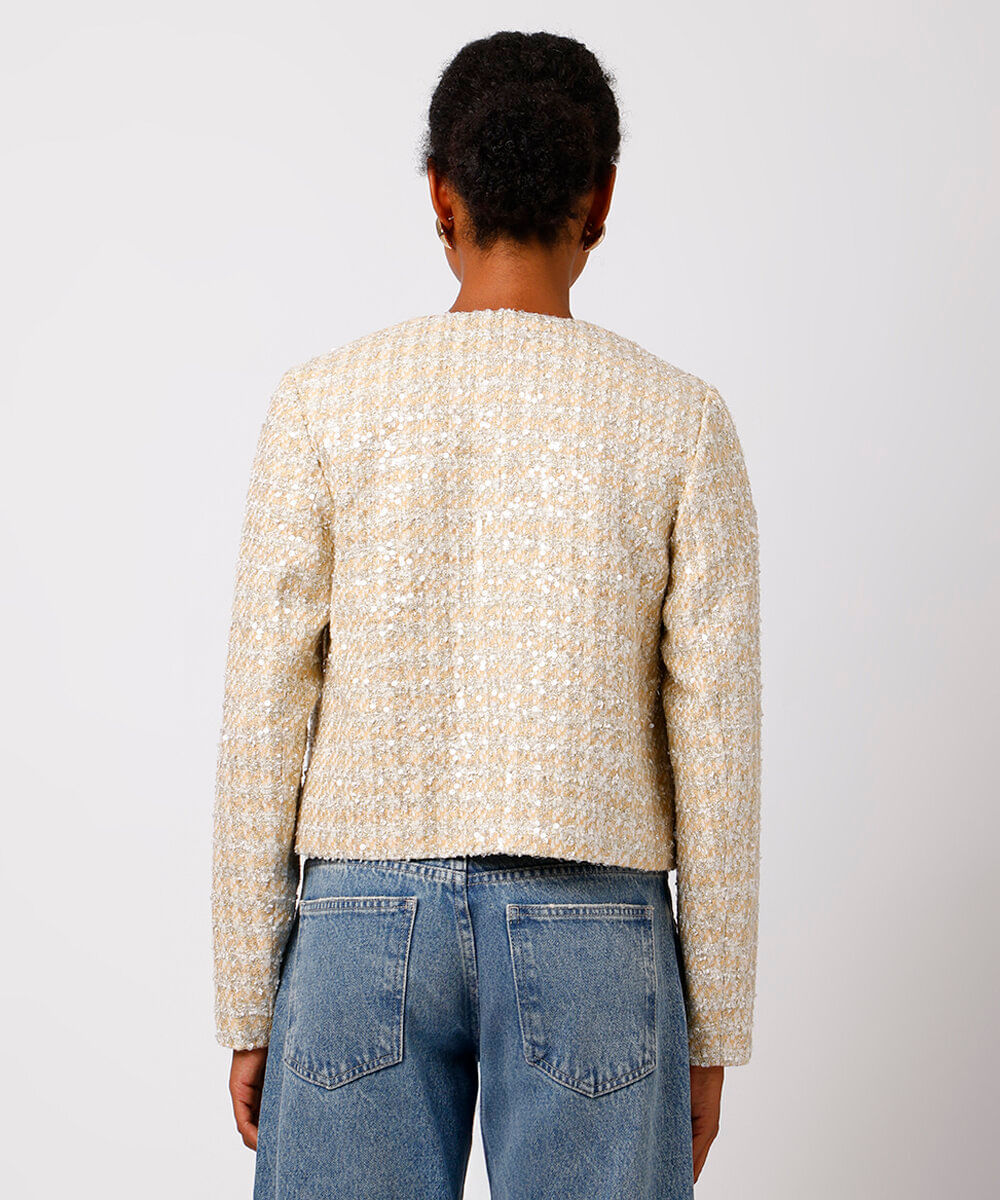 casaco feminino de tweed com paetê pied de poule mindset dourado