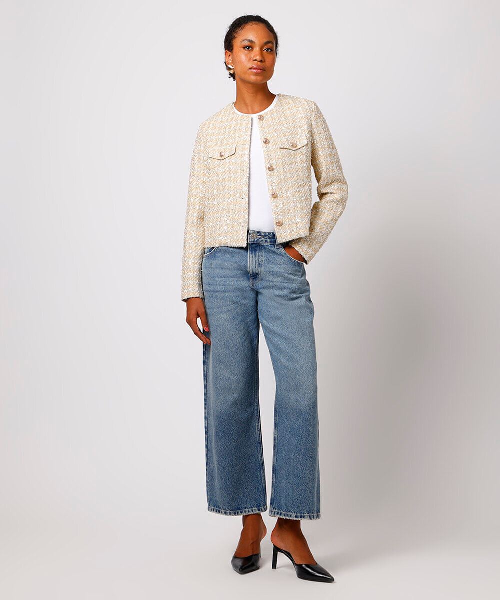 casaco feminino de tweed com paetê pied de poule mindset dourado