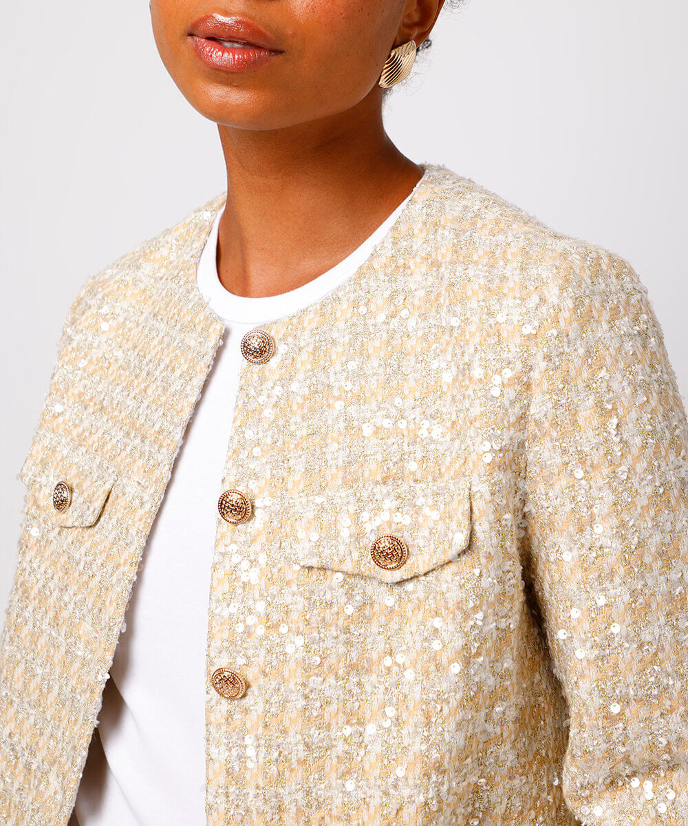 casaco feminino de tweed com paetê pied de poule mindset dourado