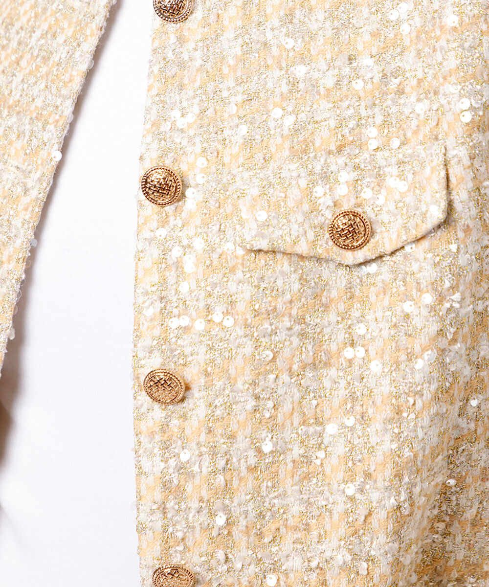 casaco feminino de tweed com paetê pied de poule mindset dourado