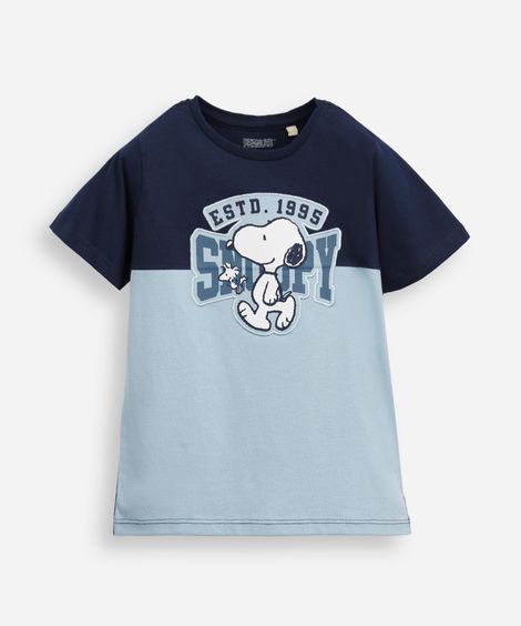 camiseta de algodão infantil manga curta snoopy bicolor azul