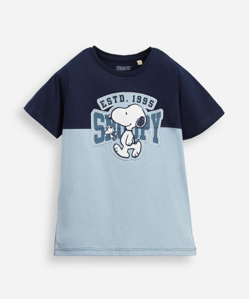 camiseta de algodão infantil manga curta snoopy bicolor azul