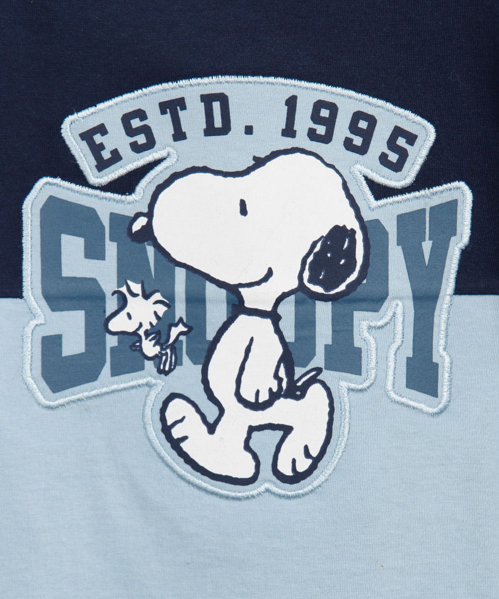 camiseta de algodão infantil manga curta snoopy bicolor azul