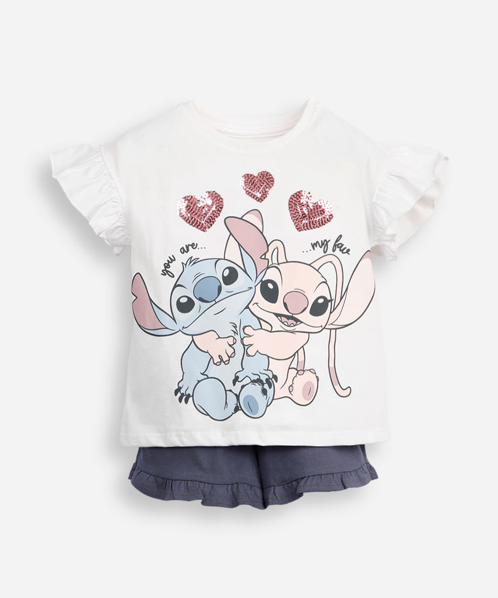 conjunto infantil curto com paetê stitch e angel off white