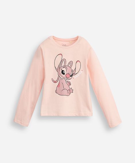 blusa de algodão infantil manga longa com glitter angel rosa