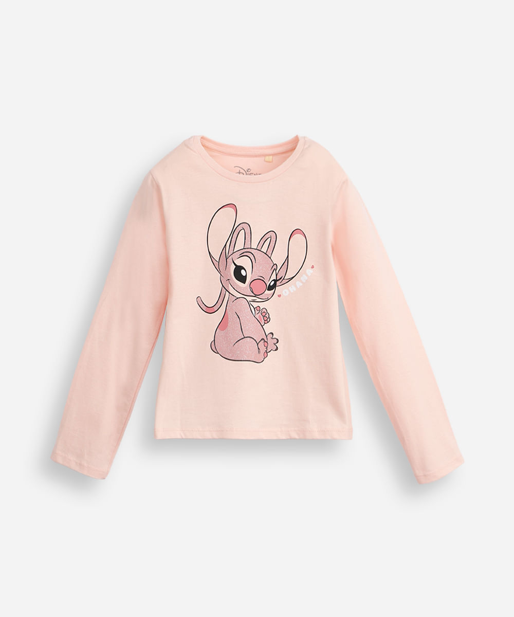 blusa de algodão infantil manga longa com glitter angel rosa