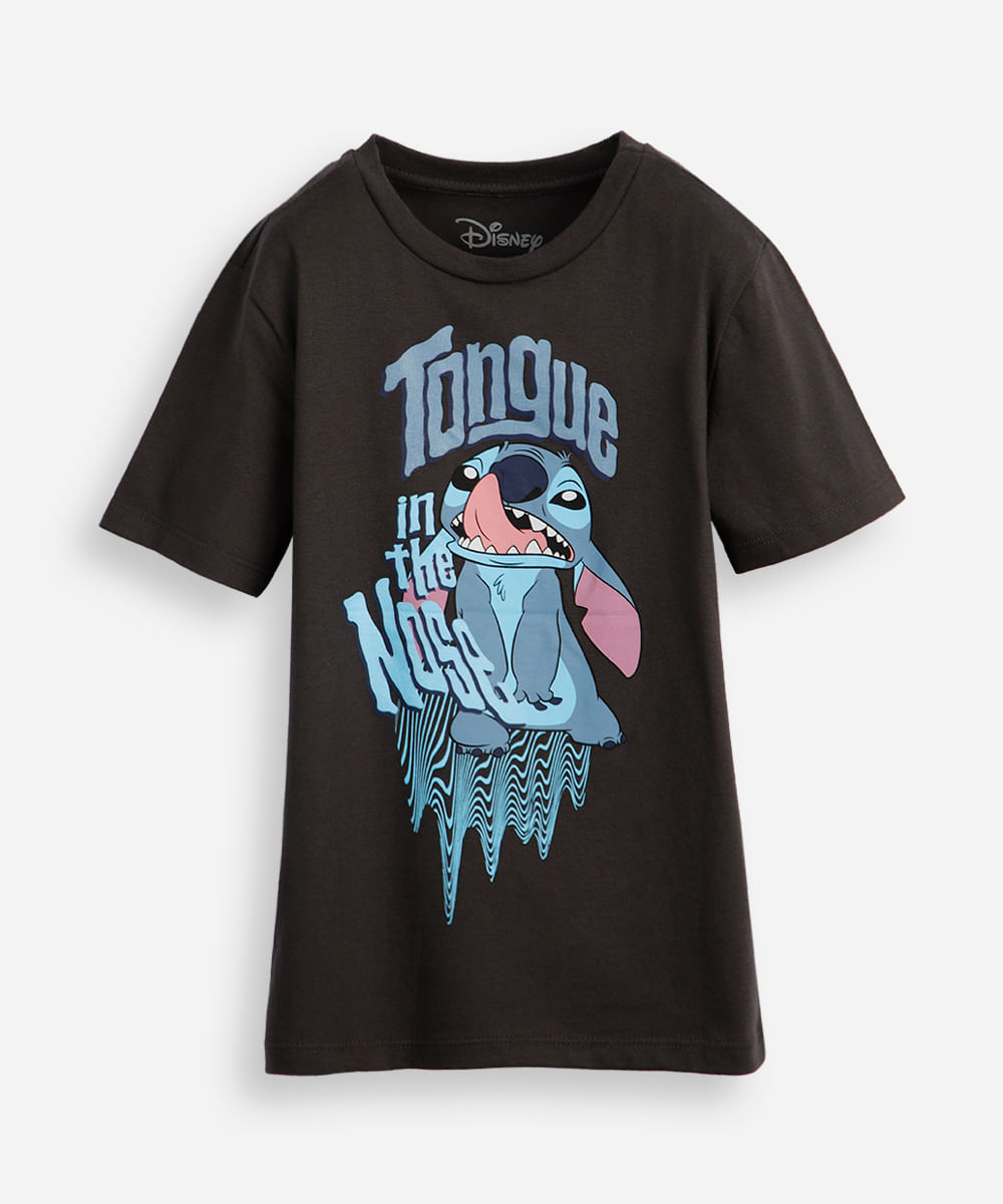 camiseta de algodão infantil manga curta stitch cinza