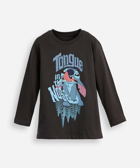 blusa de algodão infantil manga longa stitch cinza