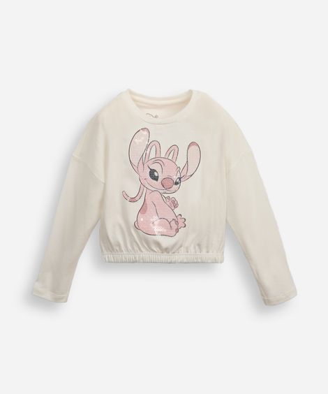 blusa de algodão infantil manga longa com paetê angel off white