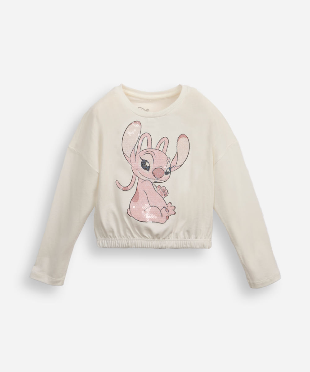 blusa de algodão infantil manga longa com paetê angel off white