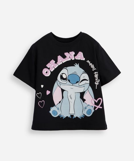 camiseta de algodão infantil manga curta stitch preta