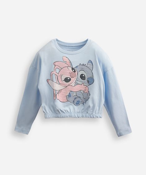 blusa de algodão infantil manga longa com paetê stitch e angel azul