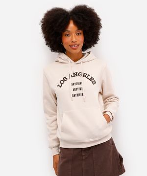 blusão feminino de moletom felpado com capuz los angeles bege